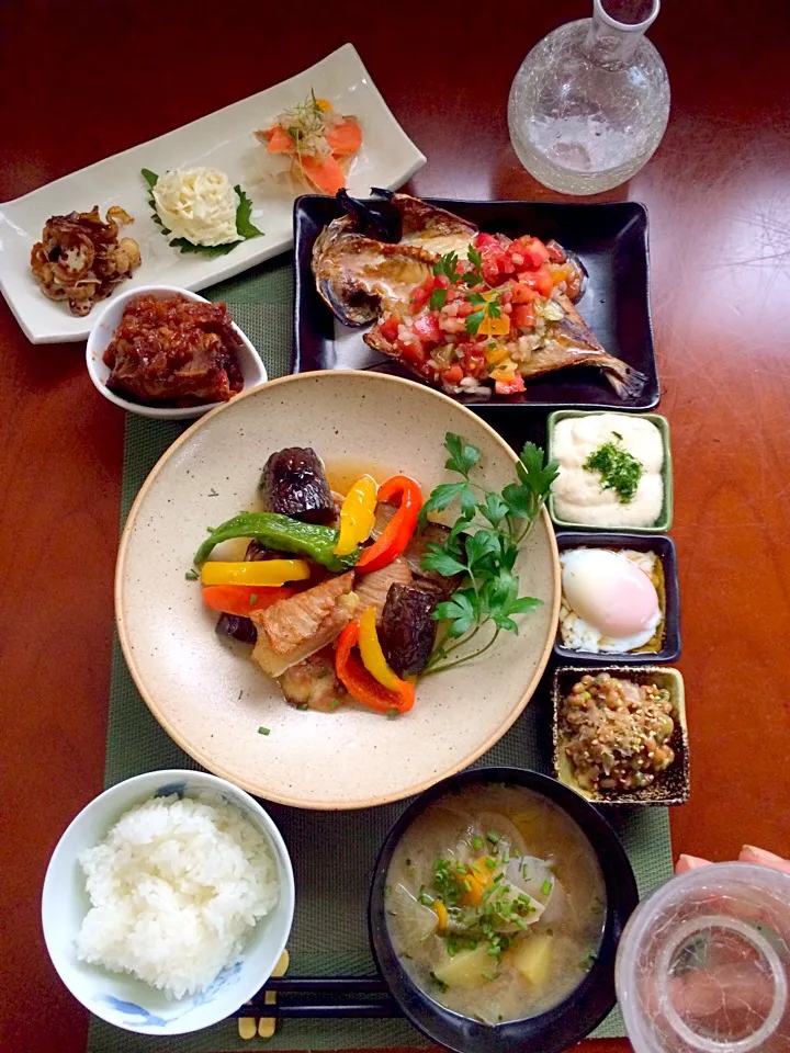 Today's Dinner🍴前菜･小鉢･鯵の干物 ﾄﾏﾄｿｰｽ･無花果の豚肉巻き揚げ浸し･ｽﾍﾟｱﾘﾌﾞ(残り)･具沢山お味噌汁|🌈Ami🍻さん