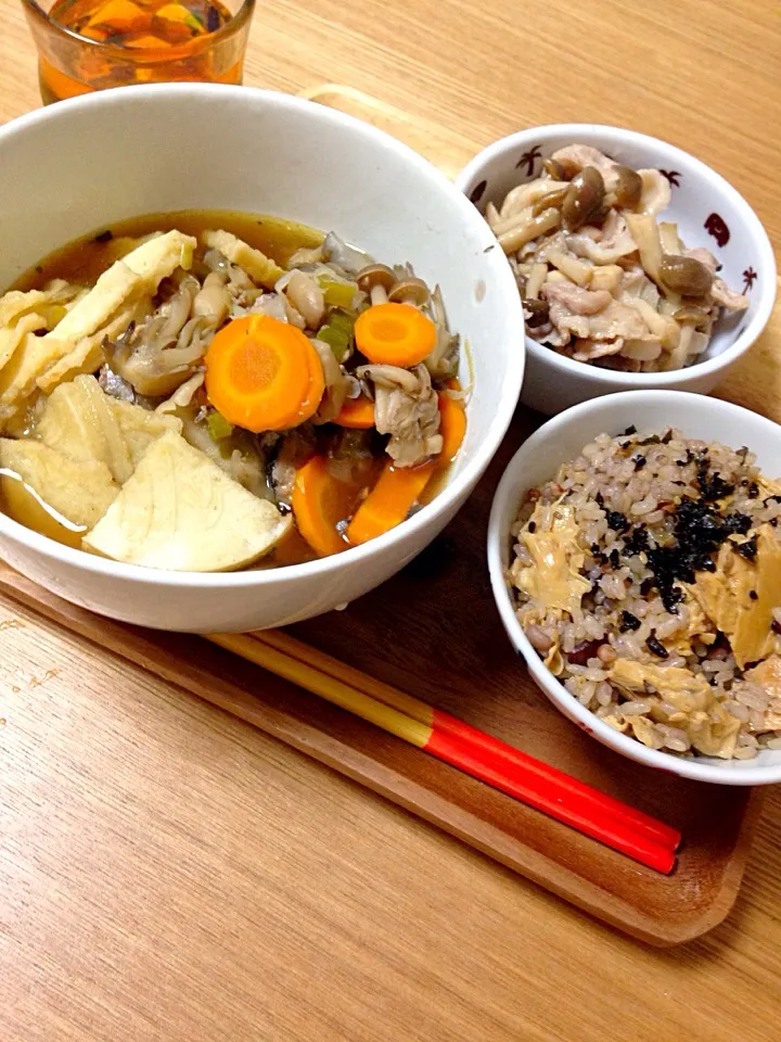 鯖缶使用のせんべい汁・湯葉と山椒のまぜごはん・豚肉炒め|koinasubiさん