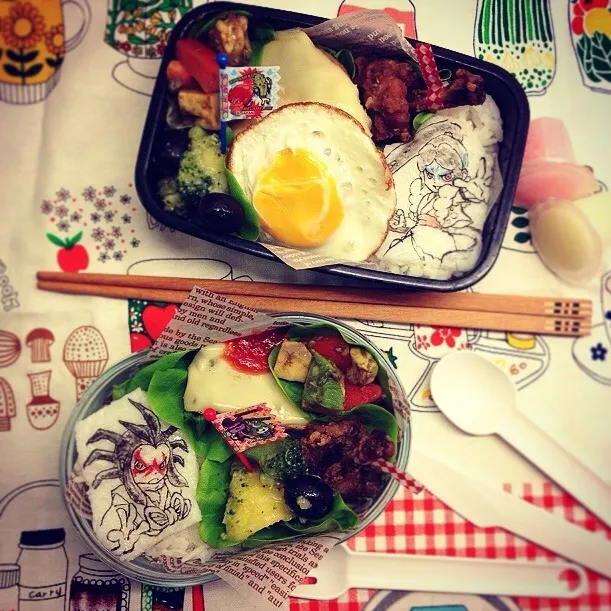 Tsuchigumo & Ogama 🌟 Cheesy hamburg steak bento for Parents day.  妖怪ウォッチ 土蜘蛛&大ガマ チーズハンバーグ弁当 授業参観だよ💕|Yuka Nakataさん