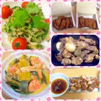 Snapdishの料理写真:Goya salad,shrimp in coconut milk,tebasaki,adobo Nd lechon kawali|Maribeth Trinidad Nakamuraさん