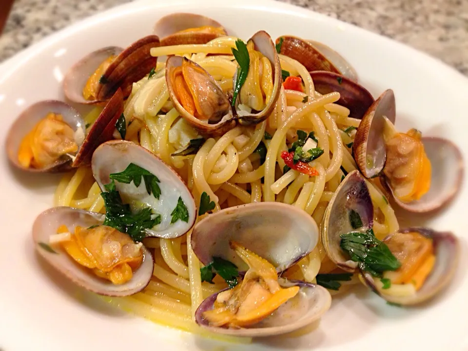 Spaghettoni di Gragnano alle Vongole,aglio,prezzemolo ,peperoncino e vino bianco.|Fabio  Palmieriさん