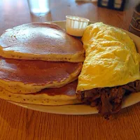 Prime Rib Omlette and Pancakes