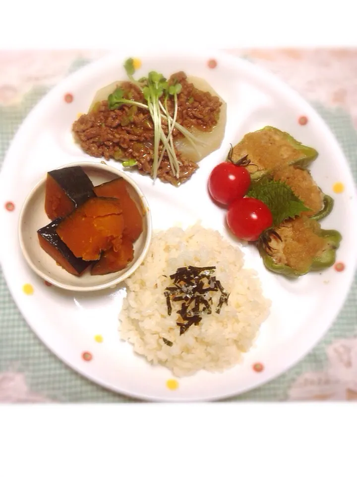 かぼちゃの煮付け＆ピーマンの豆腐肉詰め＆ふろふき大根の肉味噌あんかけ💓|Mikiままさん