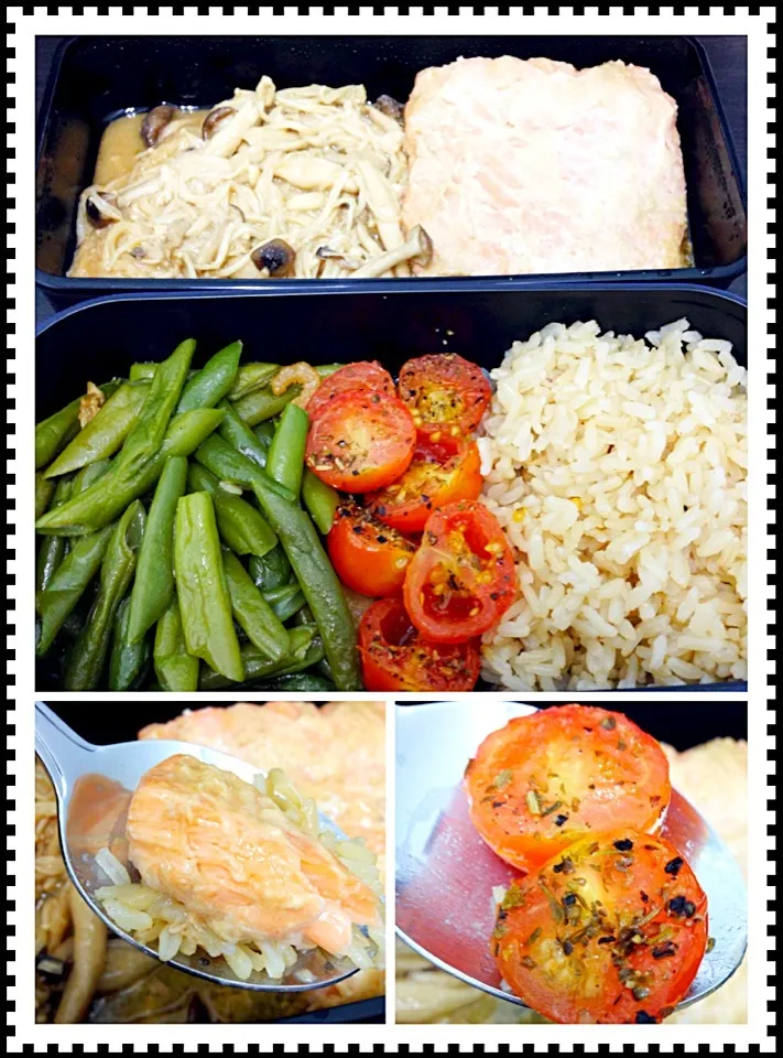 Bento for today - stir fried French beans, herb roasted cherry tomatoes, miso salmon with mushrooms and sprouted  brown rice|coxiella24さん