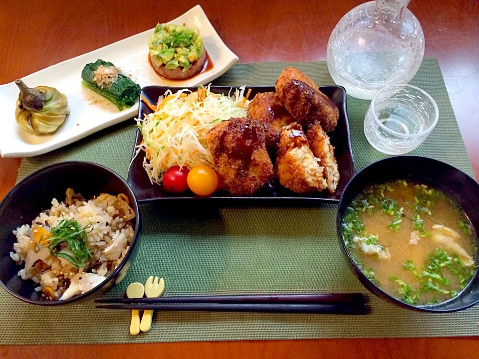 Snapdishの料理写真:Today's Dinner🍴前菜,お豆腐で鯛ｸﾘｰﾑｺﾛｯｹ,鯛五目炊き込みご飯,潮味噌汁|🌈Ami🍻さん