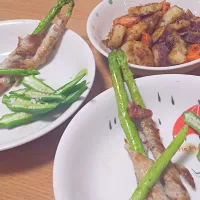 Snapdishの料理写真:アスパラの豚巻きとオクラ、にんじんさつまいもれんこん鶏肉～～！|yumikoさん