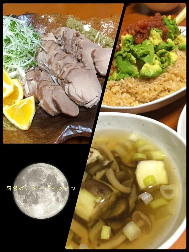 Snapdishの料理写真:塩豚・茹で汁でキノコすまし汁・肉無しナシゴレン|翠さん