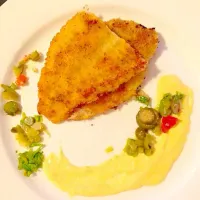 Breaded Sole Fish with Corn Purée and Gherkins & Capers salsa|merlissaさん