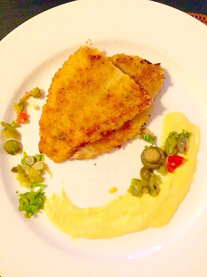 Breaded Sole Fish with Corn Purée and Gherkins & Capers salsa|merlissaさん