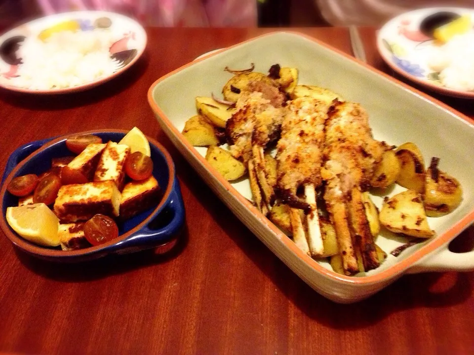 Snapdishの料理写真:Lemon& garlic flavoured crumbed lamb , pan fried haloumi and roast potatoes|kazuko Tsujiさん