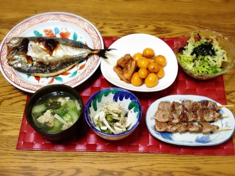 鯵ひらき・きんかん(とりもつ)の照り煮・チョレギサラダ っぽいもの・心臓串・イカときゅうりの酢の物・具だくさんスープ|美也子さん