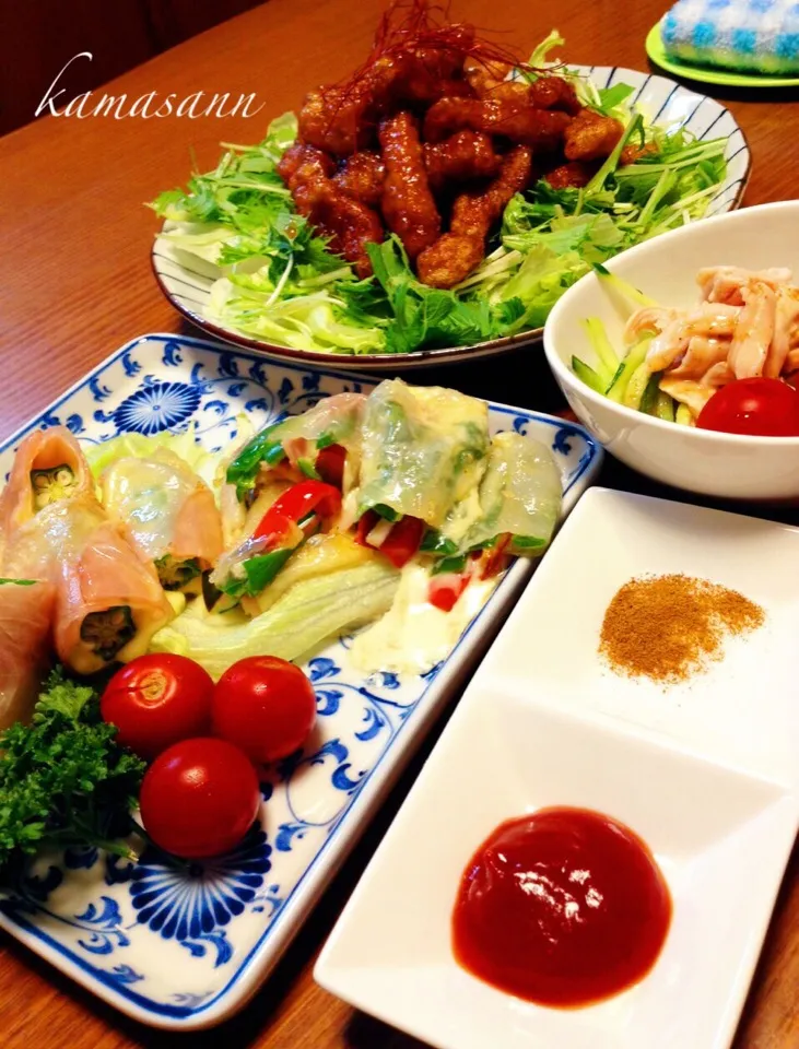 ランランらぁ〜んさんの料理 オクラチーズハム巻の春巻…豚肉のカリカリ甘酢煮♪♪♪|かまさん