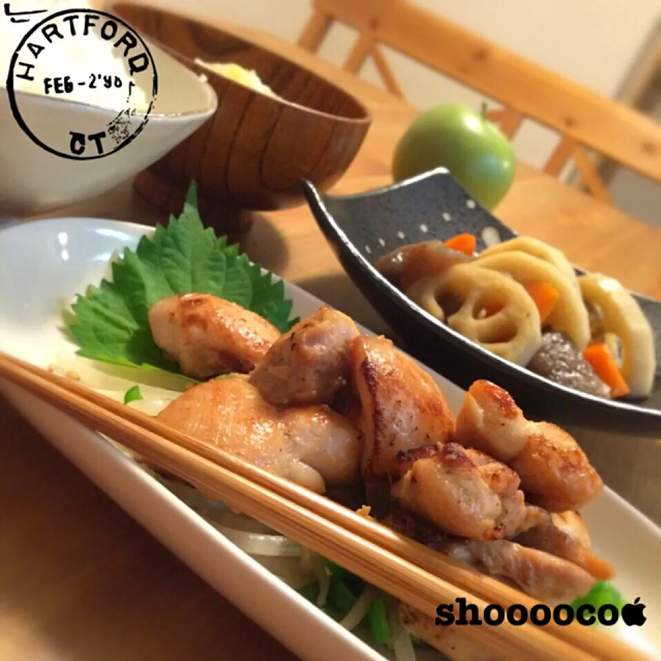 Snapdishの料理写真:鶏の塩焼き 他。むぃこの毒舌がすごい件。|shoooocoさん