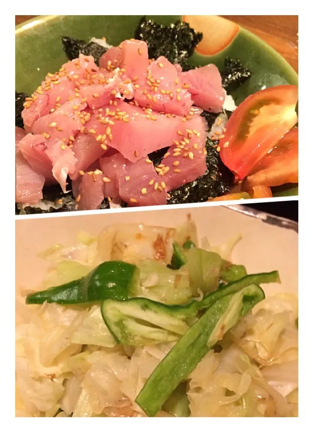 Snapdishの料理写真:マグロ海苔丼とキャベツピーマンのゴマ油風味。|ayacoさん