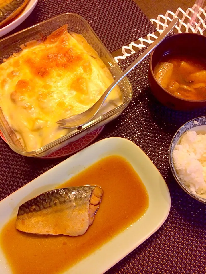 Snapdishの料理写真:グラタンと鯖の味噌煮|marieさん