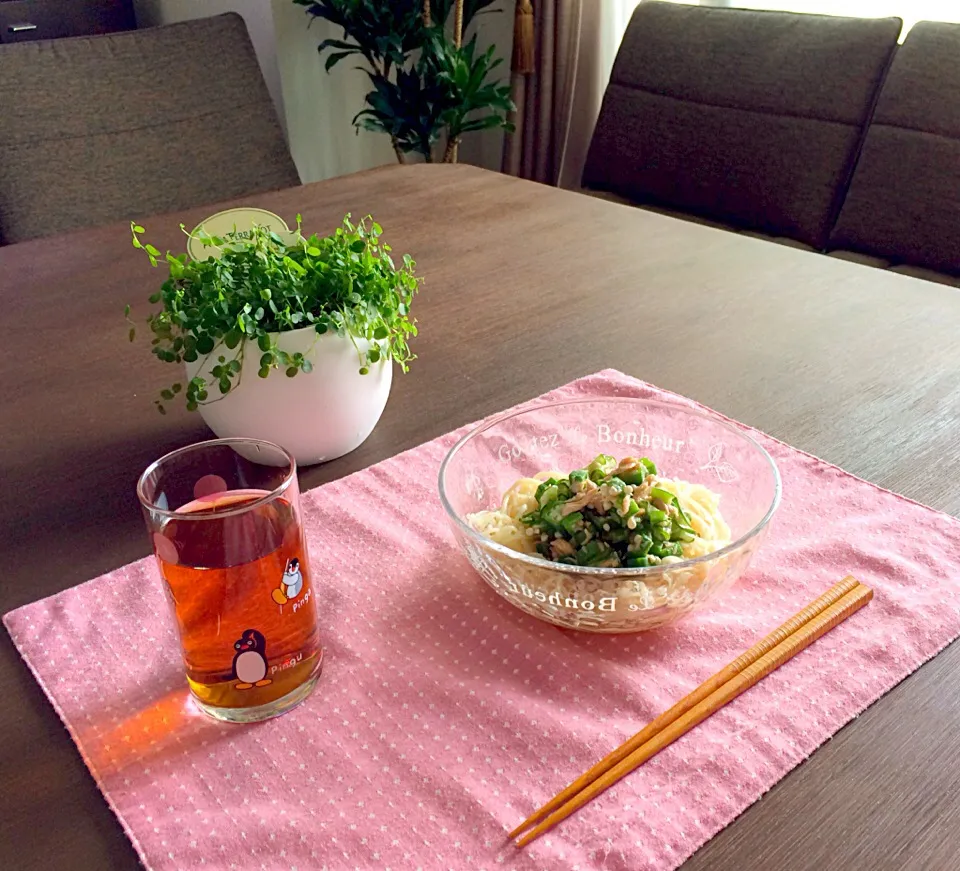 Snapdishの料理写真:オクラときゅうりとツナの冷やし素麺、たんぽぽ茶|pentarouさん