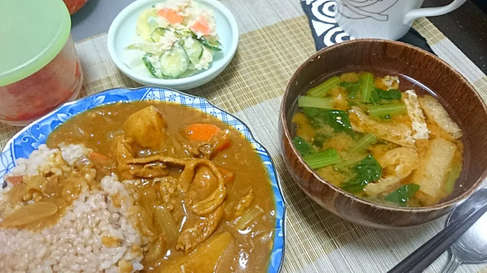 カレーライス＆ポテトサラダ＆小松菜の味噌汁|まぐろさん