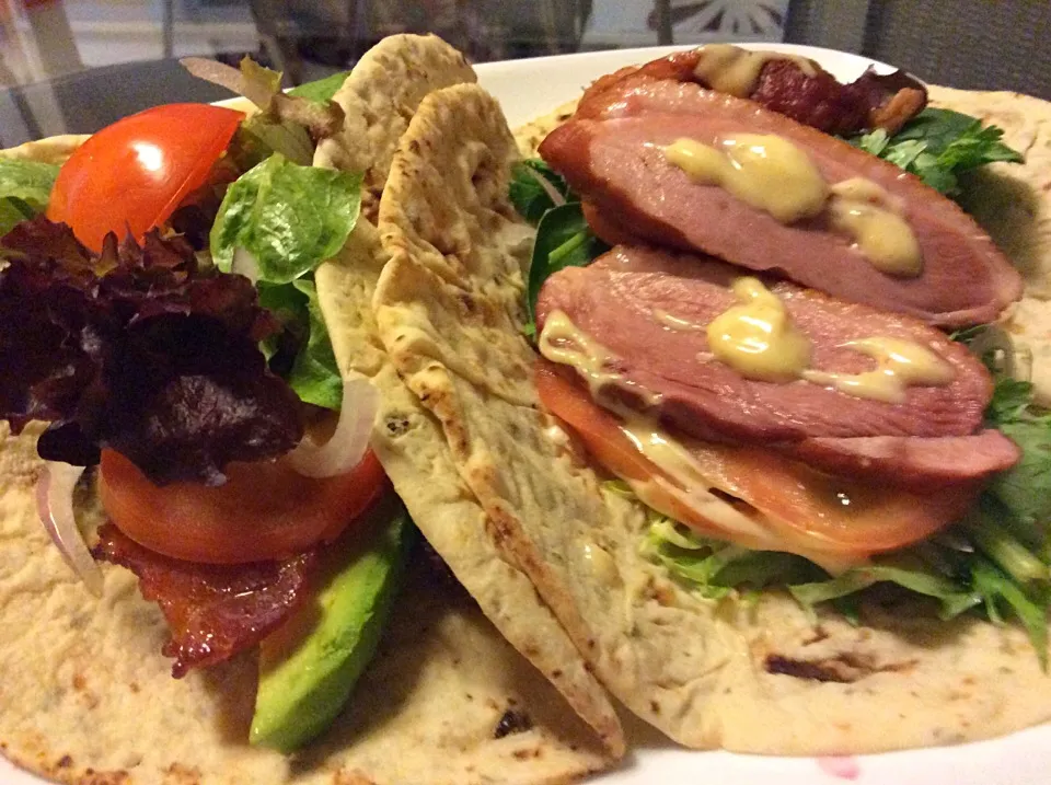 Pita wraps - with bacon and avocado, smoked duck with yuzu mayo|Ong Sor Fernさん