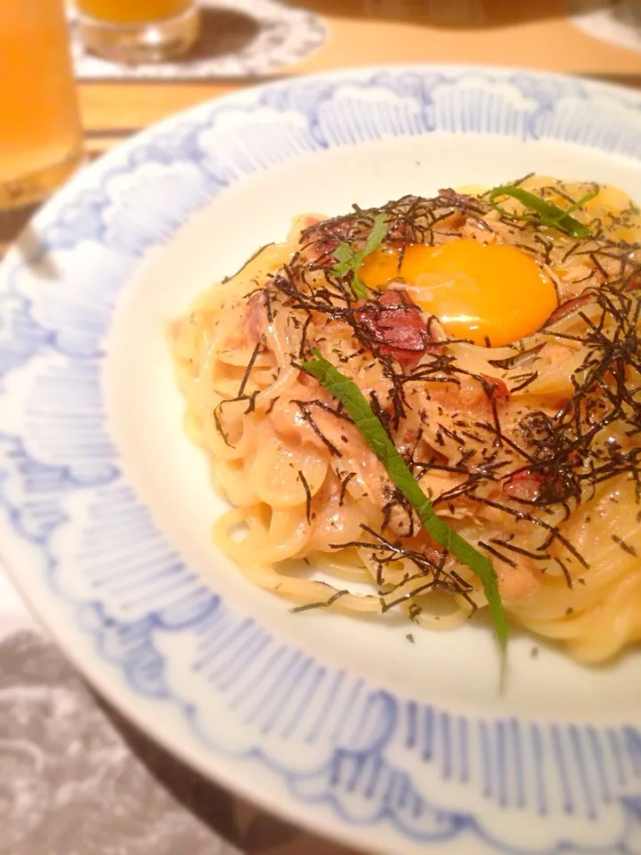 蒸し鶏と梅肉の釜玉パスタ、いただきまーす♪|ASuzukiさん