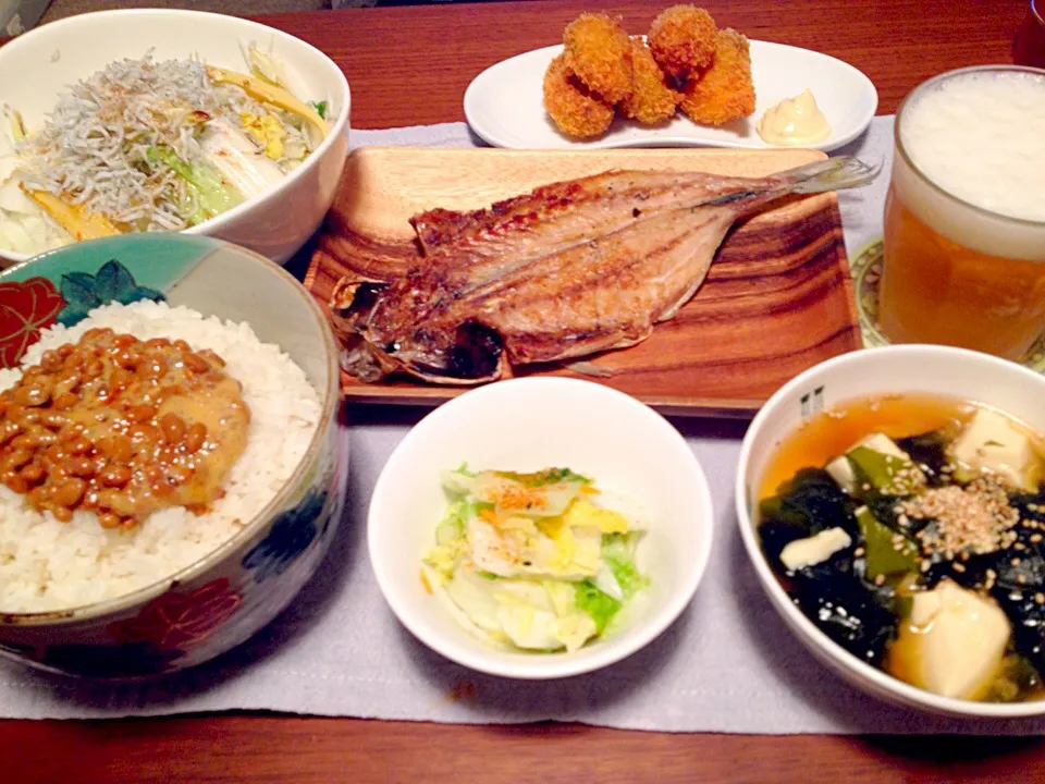 鯵の開き＊白菜としらすの温サラダ＊牡蠣フライ＊豆腐とワカメの味噌汁(^o^)|basilさん