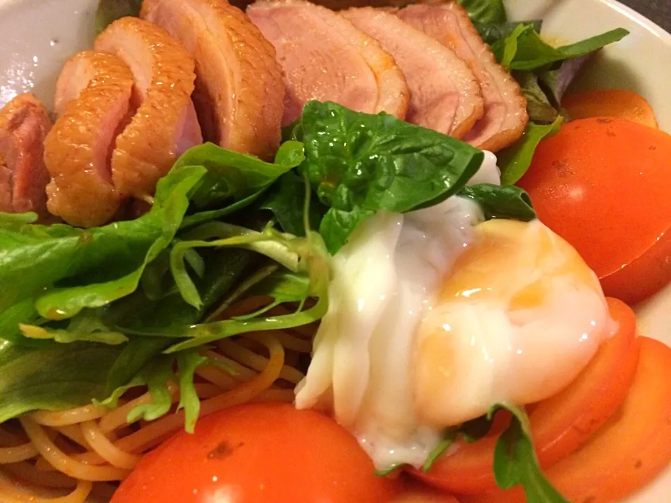 Spaghettini tossed in ikan bilis sambal, topped with salad, smoked duck and poached egg|Ong Sor Fernさん