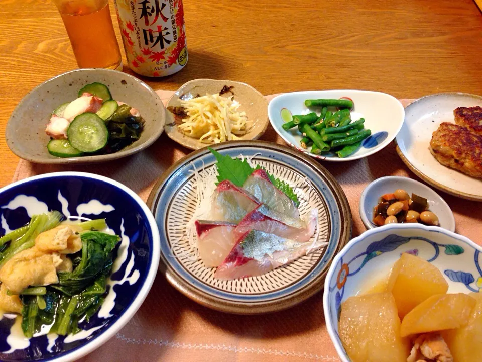 シマアジの刺身  出汁が美味しい白菜菜の煮浸し|家飲みさん
