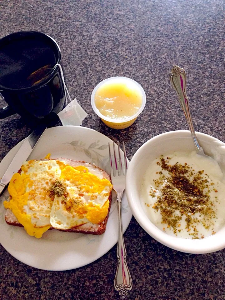 Eggs with cream cheese and jam, yogurt and thyme, applesauce, and green tea for breakfast!|nadia issaさん