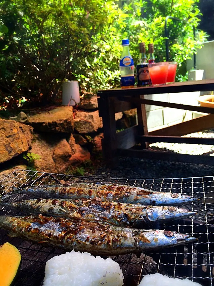 Snapdishの料理写真:オーベルジュ・コーズ亭🍁ʕ-̼͡-ʔ生秋刀魚塩フリ炭火焼きブランチʕ-̼͡-ʔ＆ルジェカシスオーレンジww|七海さん