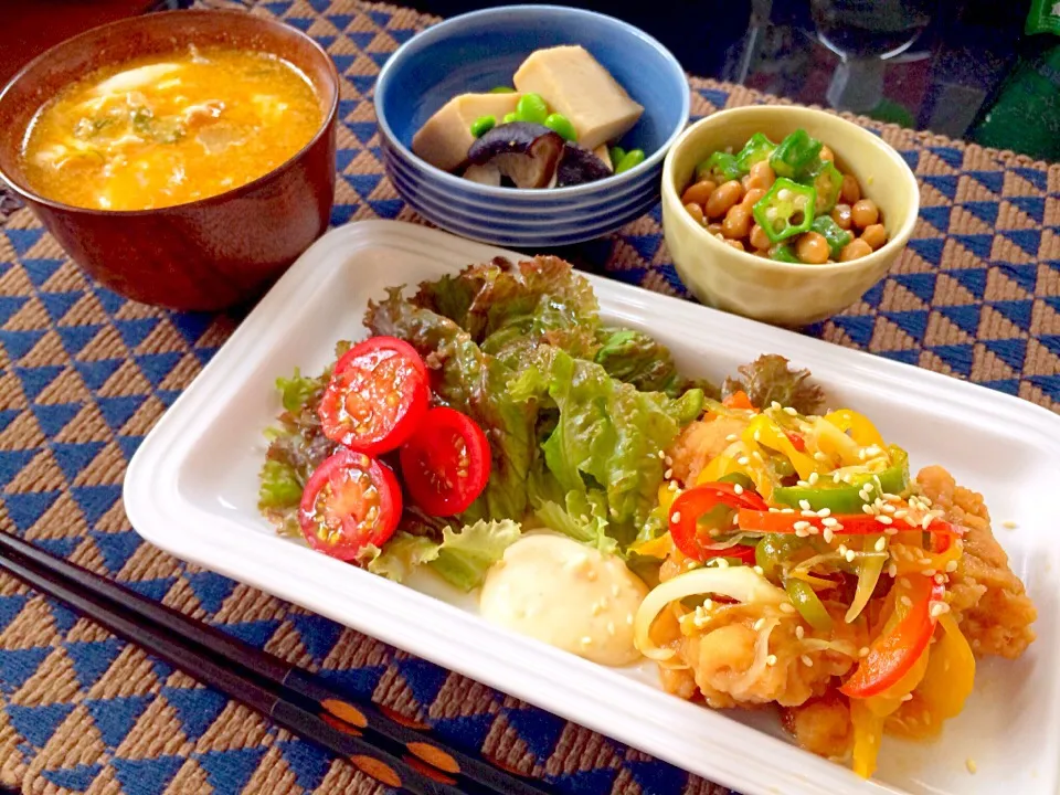 チキン南蛮&オクラ納豆&高野豆腐の含め煮定食♪|Nonさん