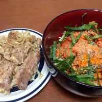 Snapdishの料理写真:簡単！えのきの肉巻きと鮭と大葉の卵乗せ丼♡|chisatoさん