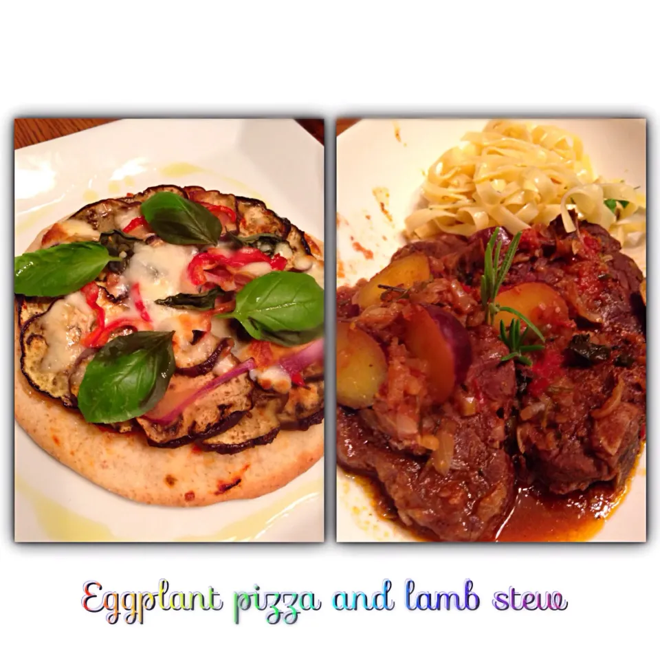 Snapdishの料理写真:Eggplant pizza and lamb cooked with red wine|Yuriさん