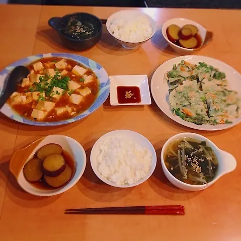 麻婆豆腐、チヂミ、さつまいもの煮物、ワカメスープ|はるさん