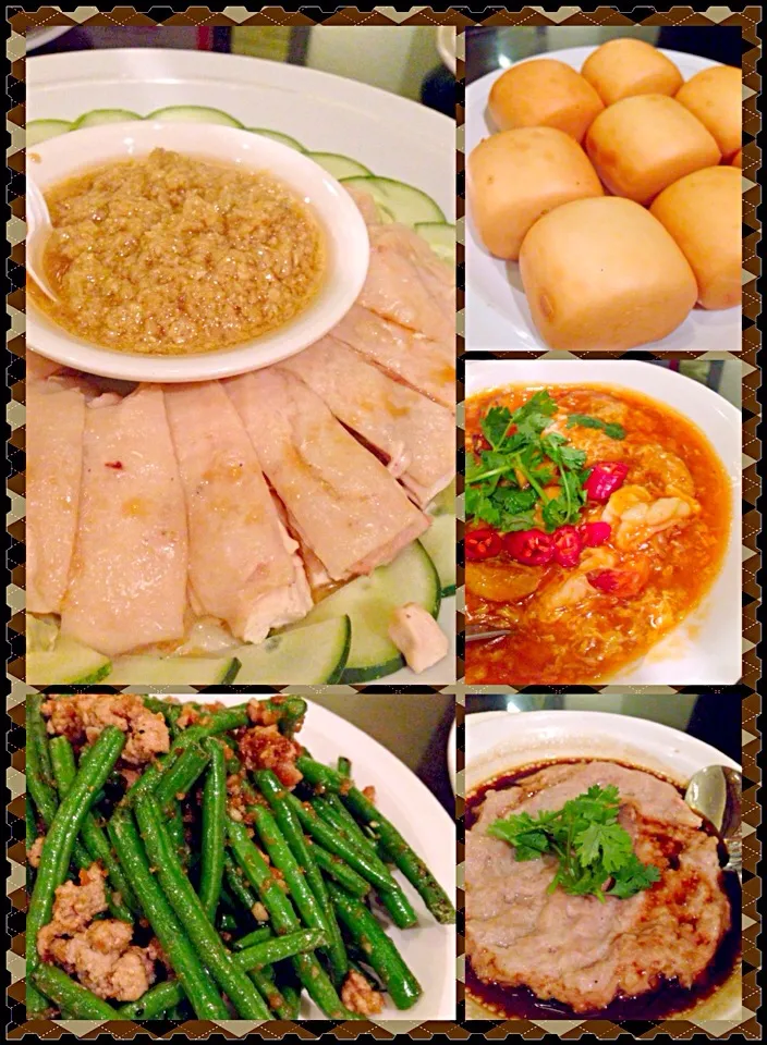 Samsui chicken, French beans, steamed pork with salted fish, prawn & tofu in tomato sauce served with deep fried mantou@The Soup Restaurant|coxiella24さん