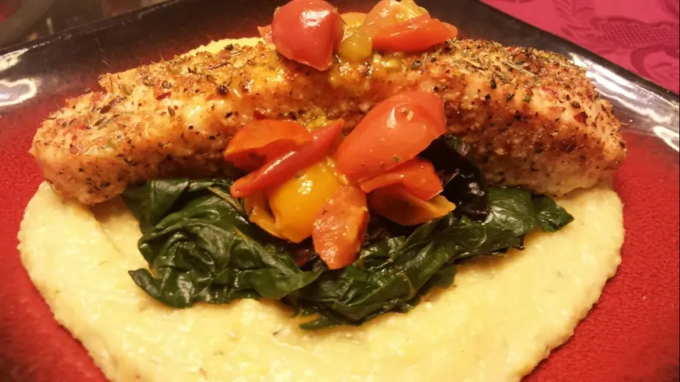 Italian dinner: savory polenta, sautéed swiss chard, and rosemary garlic salmon topped with a cherry tomato sauce. #Italian cuisine #polenta #swiss chard #salmo|Culinary Kissesさん