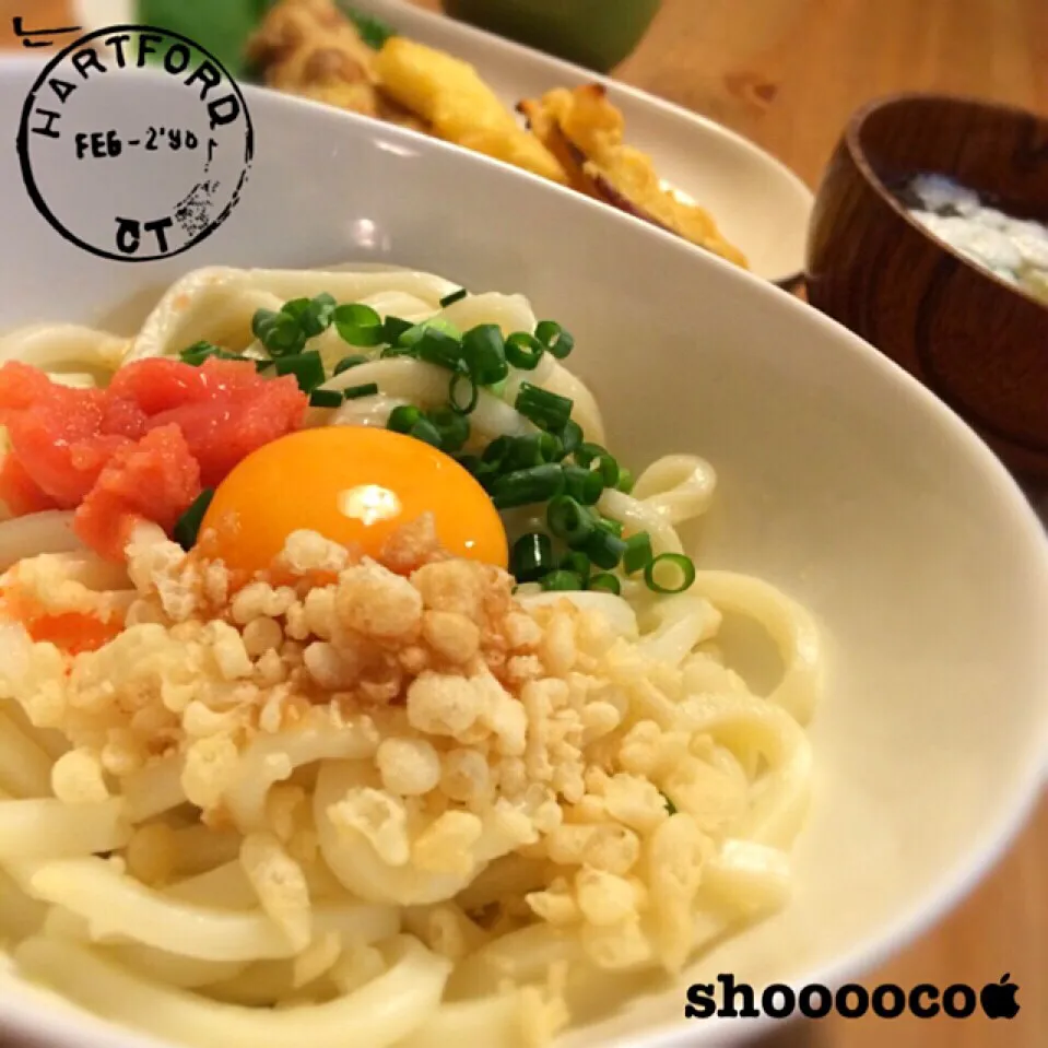 子供達の為にはおうどん茹でました。明太釜玉うどん 他。|shoooocoさん