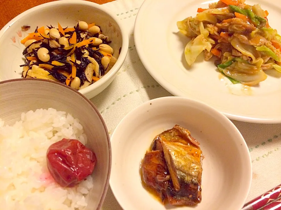 キャベツと豚肉の胡麻味噌炒め、ひじき煮、秋刀魚の蒲焼|あんなさん