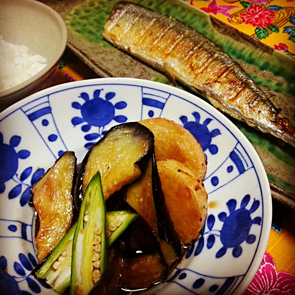 秋刀魚の塩焼きが、食べたかった！！！
茄子と長芋の甘酢づけも！|pchan池澤さん