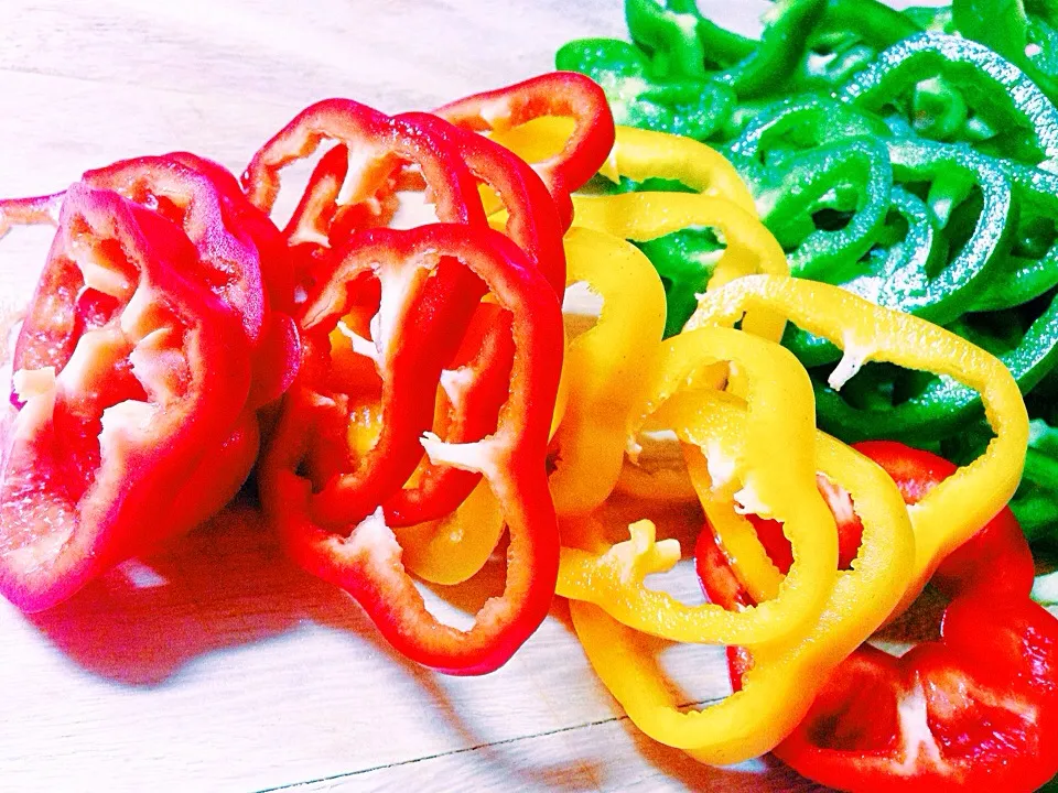 In the making of sautéed green, red, n yellow peppers #vegan|Leahさん