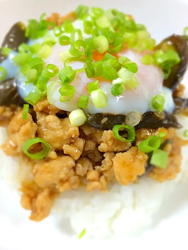 鶏挽肉となすの甘辛丼〜温玉のせ〜|ちびさん