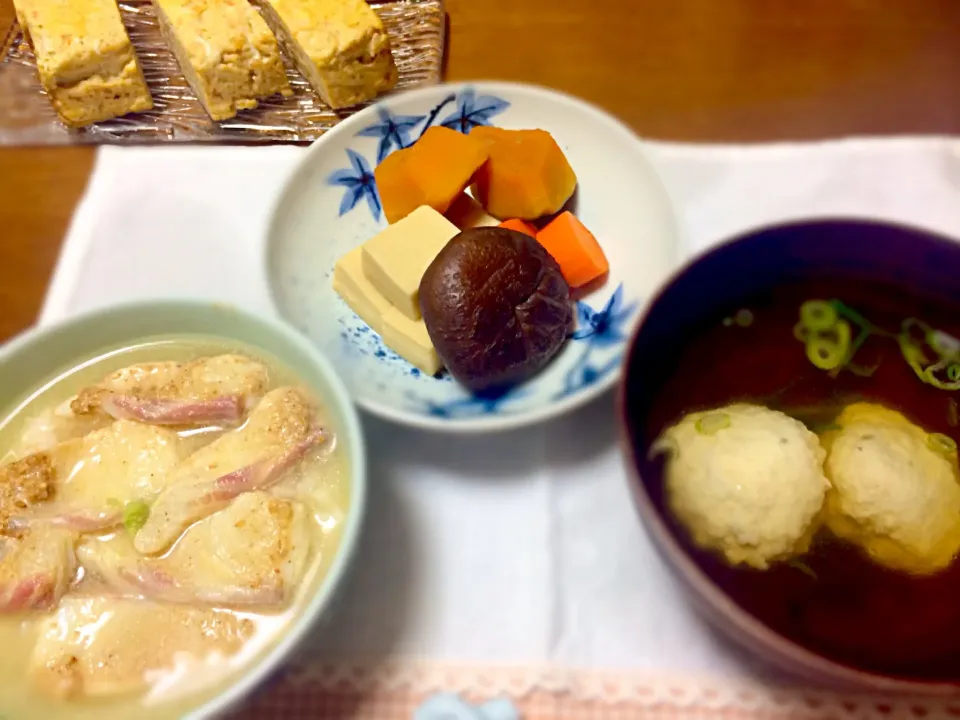 Snapdishの料理写真:海老の擂り身入りだし巻、煮物、お吸物、鯛茶漬|YuKiさん