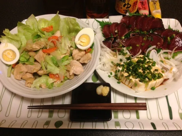 🐔胸肉の野菜炒め、ゆで卵、鰹のたたき、スライス玉ねぎ、冷奴！꒰ •ॢ  ̫ -ॢ๑꒱✩✨|サソリさん