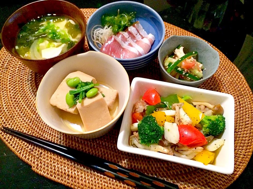 野菜炒め&ささ身と胡瓜の梅和え&ブリのお刺身&高野豆腐の含め煮定食♪|Nonさん