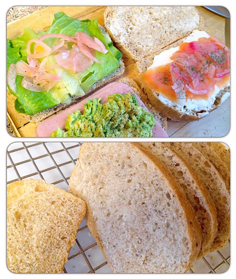 Homemade bread and sandwiches.  久々のこねないバターミルクパンでサンドイッチ。オニオンは塩レモン刻んだのと自家製ハーブ酢とオリーブオイルでマリネしたもの。|mamakumiさん