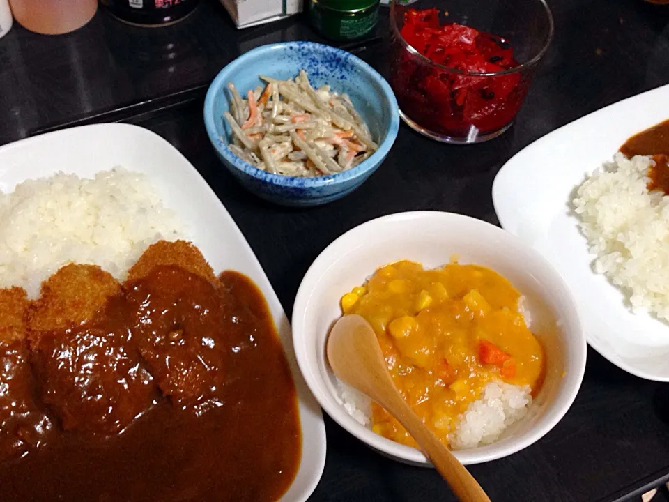 Snapdishの料理写真:今日の晩ご飯は、ヒレカツカレー、ごぼうサラダ。|ゆえさん