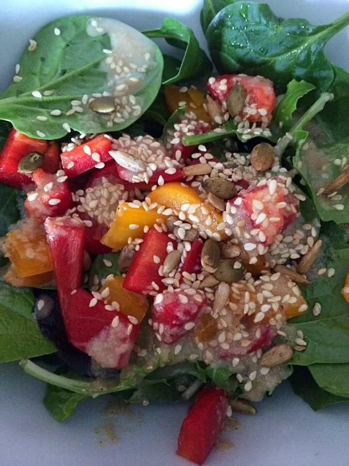 Simple salad of baby spinach and mesclun with diced bell peppers|Ong Sor Fernさん