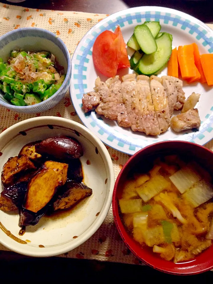 豚テキ 野菜 🍆の佃煮風 オクラオカカ|掛谷節子さん