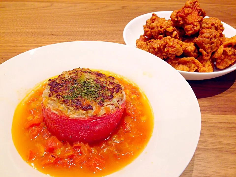 トマトの肉詰めエスニック風と鶏肉のピーナッツ揚げ|あやかさん