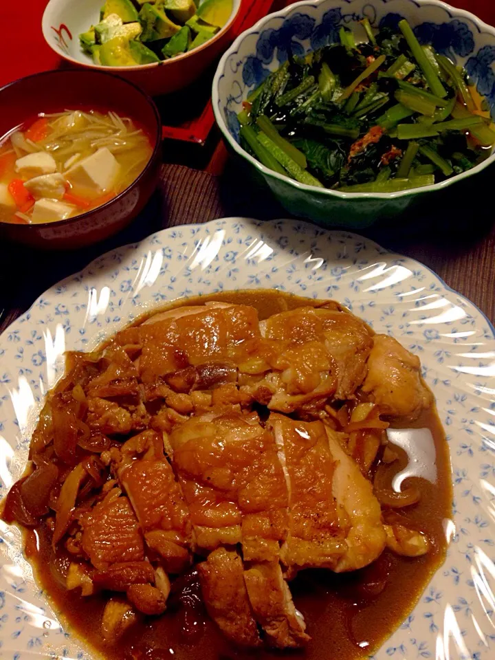 鶏もも肉と玉ねぎのとろとろ煮、根菜のお味噌汁、小松菜のおひたし|kao♡さん