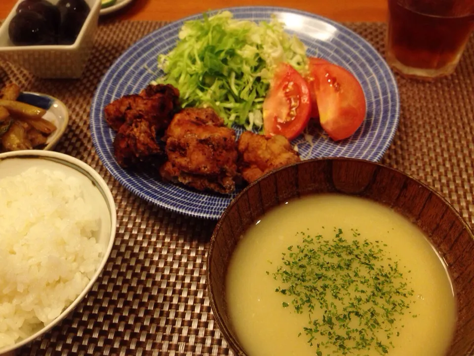 塩麹唐揚げ  栗のポタージュスープ  茄子とセロリの炒め煮  巨峰|ikukoさん