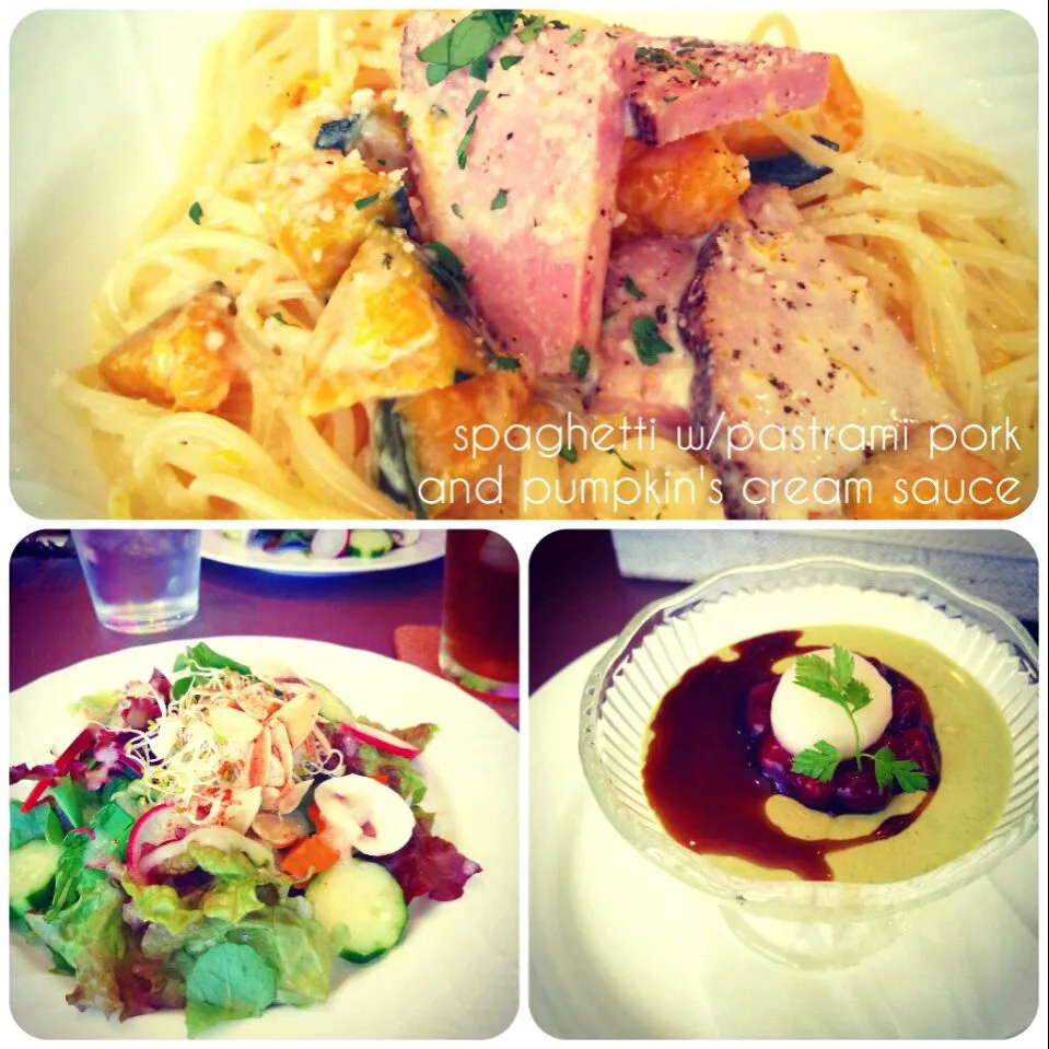 パストラミポークとかぼちゃのクリームパスタ♥ Lunch set ♩|🌜 miaow 🌞さん